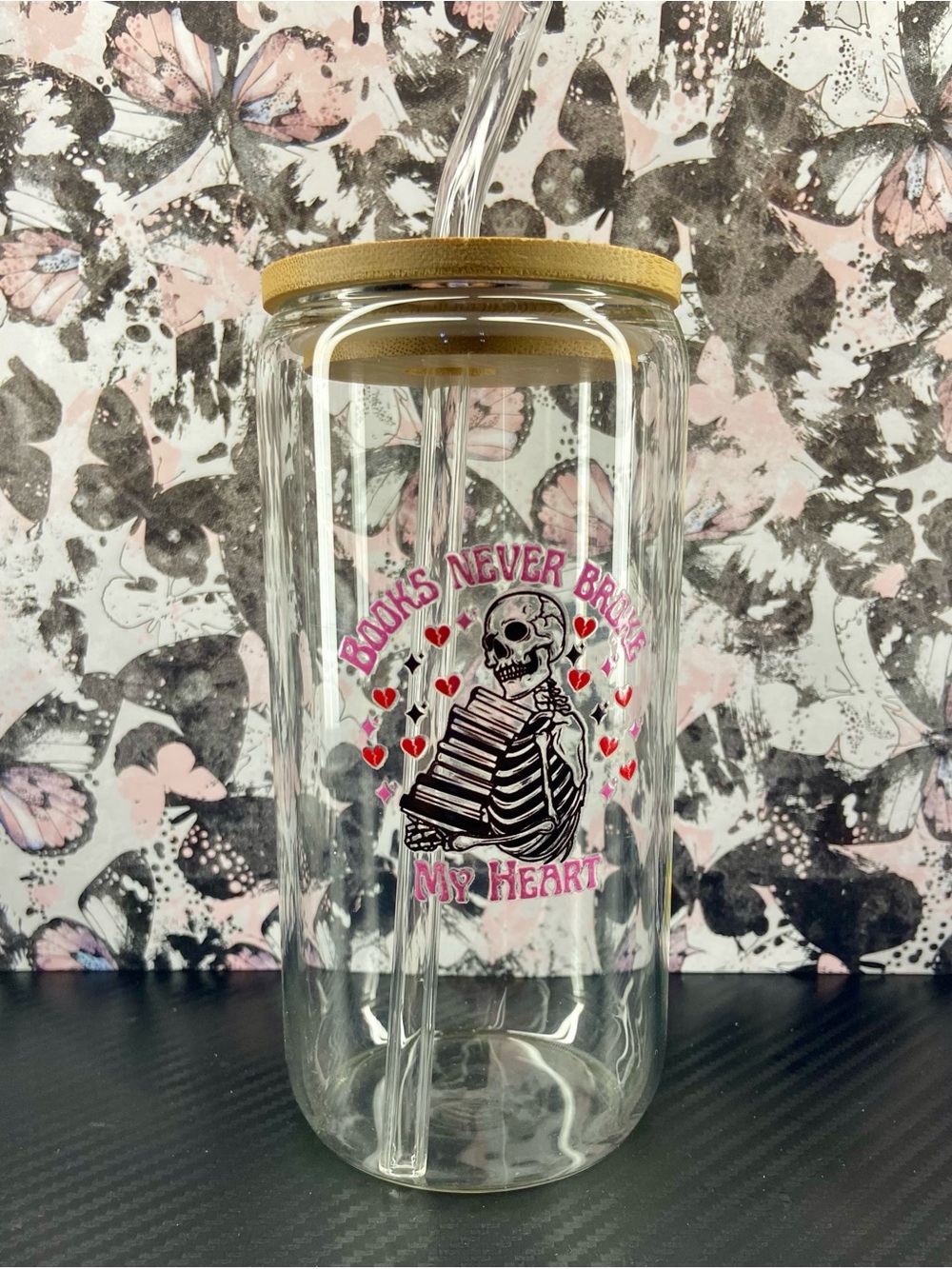Glass Tumbler with Bamboo Lid and Pink Accent Skull Design